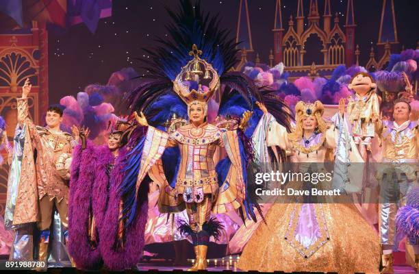 Charlie Stemp, Elaine Paige, Julian Clary, Emma Williams and Paul Zerdin backstage following the press night performance of "Dick Whittington" at The...