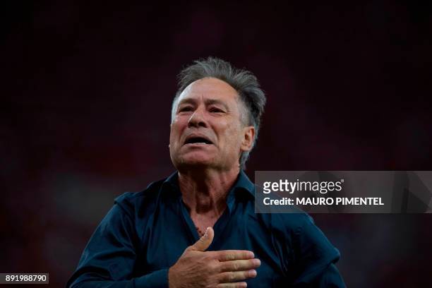 Argentina's Independiente coach Ariel Holan celebrates after his team wins the 2017 Sudamericana Cup championship at the Maracana stadium in Rio de...