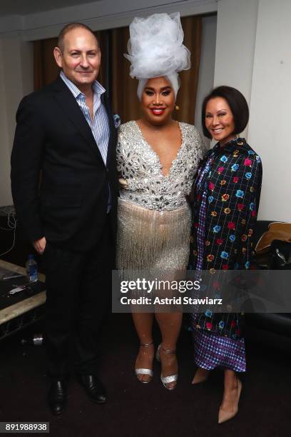 John Dempsey, PatrickStarrr, and Alina Cho pose backstage during M·A·C PatrickStarrr The Damn Show at Hammerstein Ballroom on December 13, 2017 in...