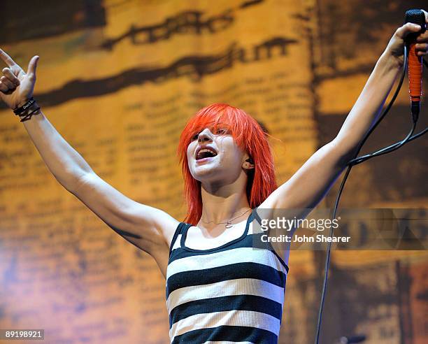 Singer Hayley Williams of Paramore performs at the Gibson Amphitheatre on July 22, 2009 in Universal City, California.