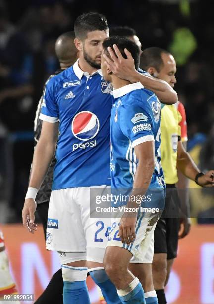 Matias De Los Santos of Millonarios celebrates after scoring the first goal of his team during the first leg match between Millonarios and Santa Fe...