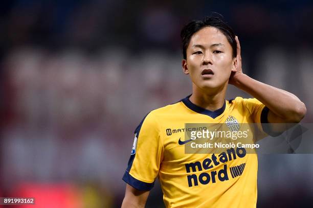 Seung-Woo Lee of Hellas Verona looks on during the TIM Cup football match between AC Milan and Hellas Verona. AC Milan won 3-0 over Hellas Verona.