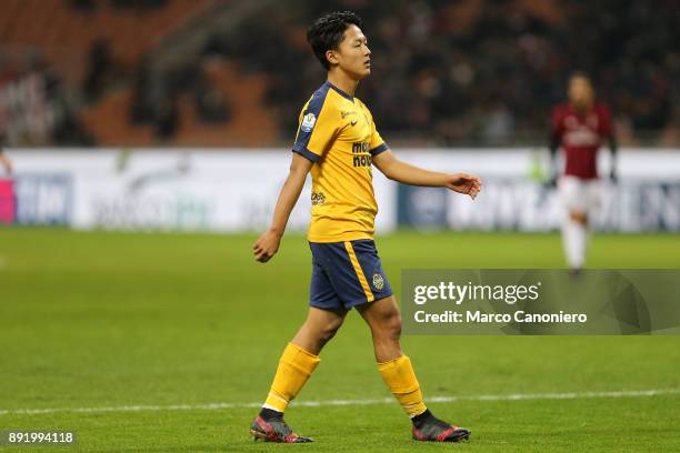 Seung-Woo Lee of Hellas Verona Fc during the Tim Cup football match between AC Milan and Hellas Verona Fc . Ac Milan wins 3-0 over Hellas Verona Fc.