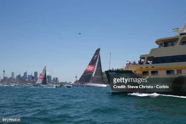 Wild Oats XI and Wild Oats X in the SOLAS Big Boat Challenge in Sydney Harbour on December 12, 2017 in Sydney, Australia.