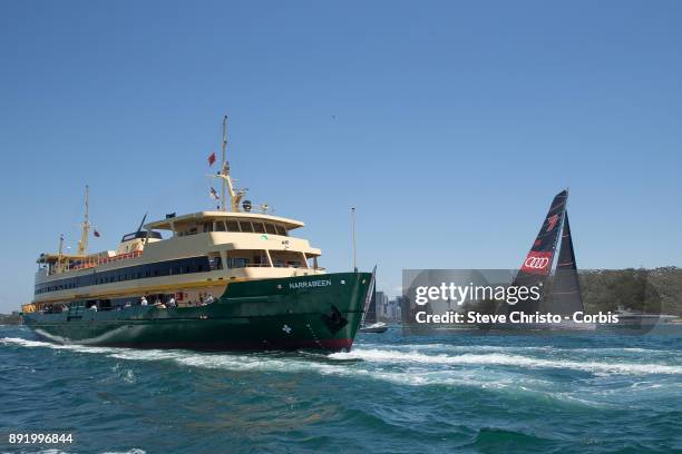 Wild Oats XI and Wild Oats X in the SOLAS Big Boat Challenge in Sydney Harbour on December 12, 2017 in Sydney, Australia.