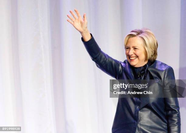 Former U.S. Secretary of State Hillary Clinton speaks onstage during the tour for her new book 'What Happened' at Vancouver Convention Centre on...