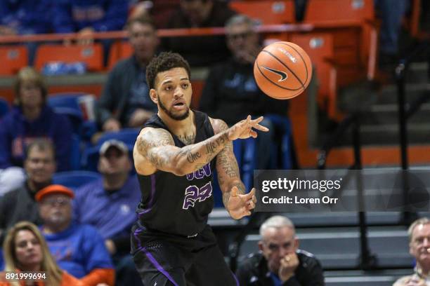 Forward Keonta Vernon of the Grand Canyon Lopes passes the ball during first half action against the Boise State Broncos on December 13, 2017 at Taco...