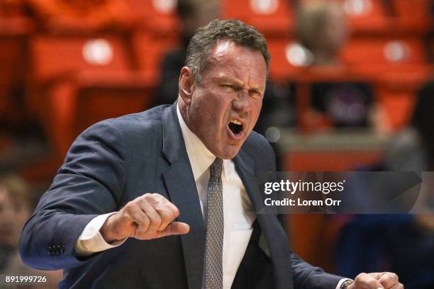 Head coach Dan Majerle of the Grand Canyon Lopes motivates his team during first half action against the Boise State Broncos on December 13, 2017 at...