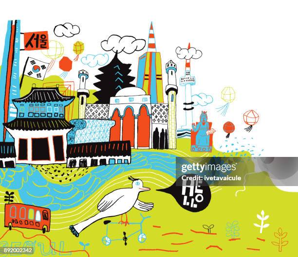 seoul in south korea hand drawn city - korea stock illustrations