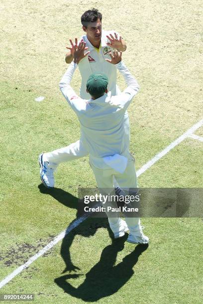 Mitchell Starc of Australia celebrates the wicket of Alistair Cook of England during day one of the Third Test match of the 2017/18 Ashes Series...