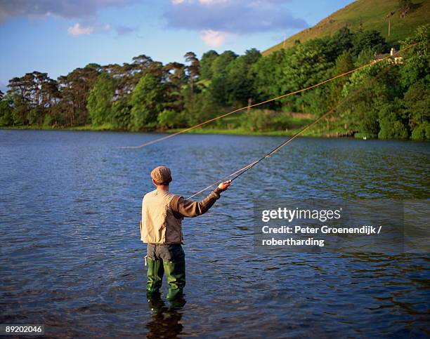 fly fishing on the river dee, grampians, scotland, united kingdom, europe - waders imagens e fotografias de stock