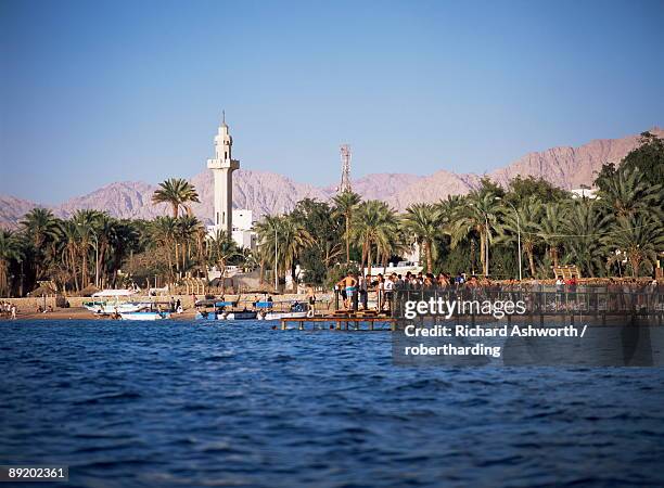 youths swimming from jetty, town beach, aqaba, jordan, middle east - jordan middle east stock pictures, royalty-free photos & images