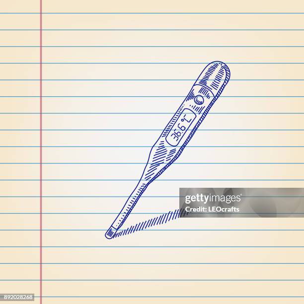 clinical digital thermometer drawing on ruled paper - digital thermometer stock illustrations