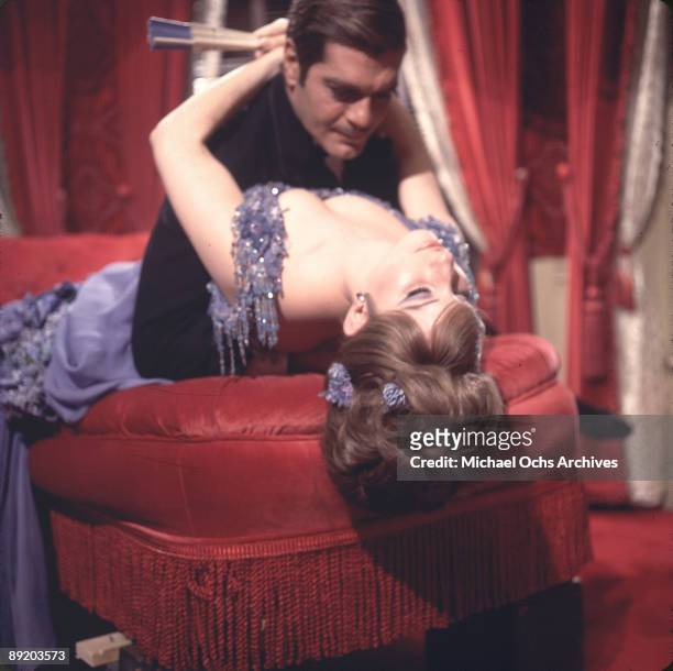 American actress and singer Barbra Streisand as Fanny Brice and Omar Sharif as Nick Arnstein in the movie 'Funny Girl', 1968.