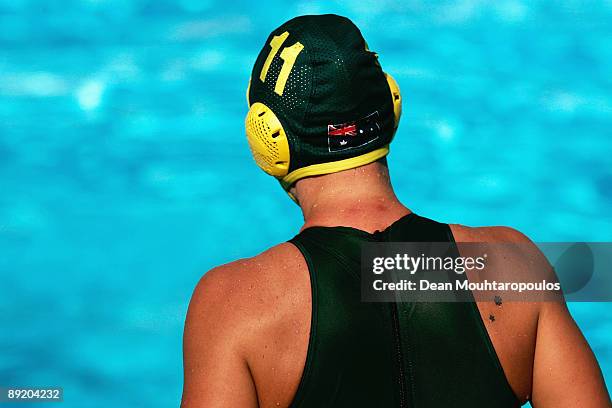 Nicola Zagame of Australia looks on from the sidelines at the Womens Water Polo match between Australia and New Zealand during the 13th FINA World...