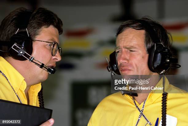 Ross Brawn, Rory Byrne, Grand Prix of Hungary, Hungaroring, 15 August 1993. Ross Brawn, technical director of Benetton team with Rory Byrne Chief...
