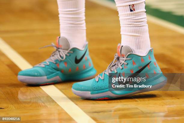 Detail of the shoes of Kyrie Irving of the Boston Celtics during the second half against the Denver Nuggets at TD Garden on December 13, 2017 in...