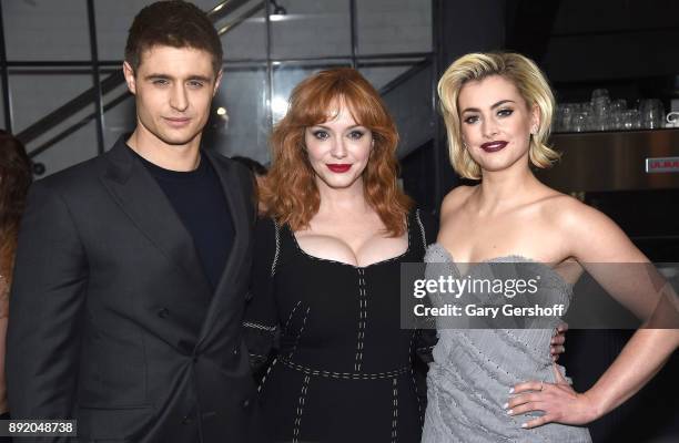 Actors Max Irons, Christina Hendricks and Stefani Martini attend the "Crooked House" New York premiere at Metrograph on December 13, 2017 in New York...