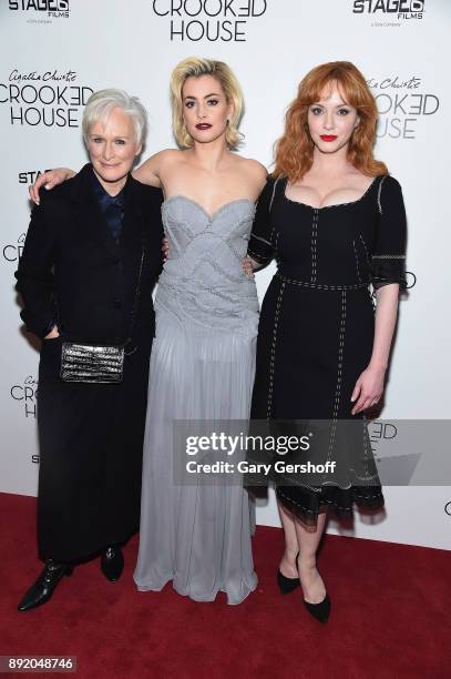 Actors Glenn Close, Stefanie Martini and Christina Hendricks attend the "Crooked House" New York premiere at Metrograph on December 13, 2017 in New...