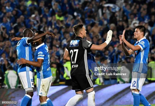 Players of Millonarios celebrate after winning the first leg match between Millonarios and Independiente Santa Fe as part of the Liga Aguila II 2017...