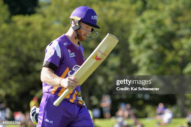 Ben Stokes of Canterbury reacts after being dismissed by Jacob Duffy of Otago for 97 runs during the Supersmash Twenty20 match between Canterbury and...