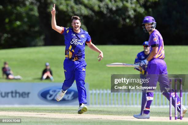 Jacob Duffy of Otago celebrates after dismissing Chad Bowes of Canterbury during the Supersmash Twenty20 match between Canterbury and Otago on...