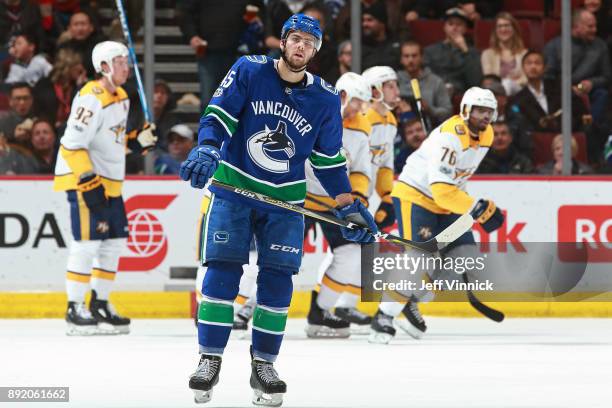 Michael Chaput of the Vancouver Canucks looks on detested as P.K. Subban of the Nashville Predators celebrates his second goal during their NHL game...