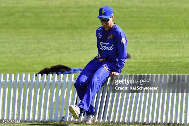 Josh Finnie of Otago reacts after missing a catch during the Supersmash Twenty20 match between Canterbury and Otago on December 14, 2017 in...