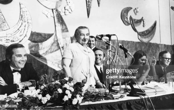 From left to right, South African heart surgeon Christiaan Barnard , Prime Minister of Israel Golda Meir and Variety President Mr Grandiger at a...