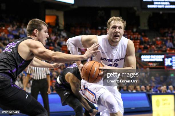 Forward Chris Sengfelder of the Boise State Broncos drives to the basket during second half action against the Grand Canyon Lopes on December 13,...