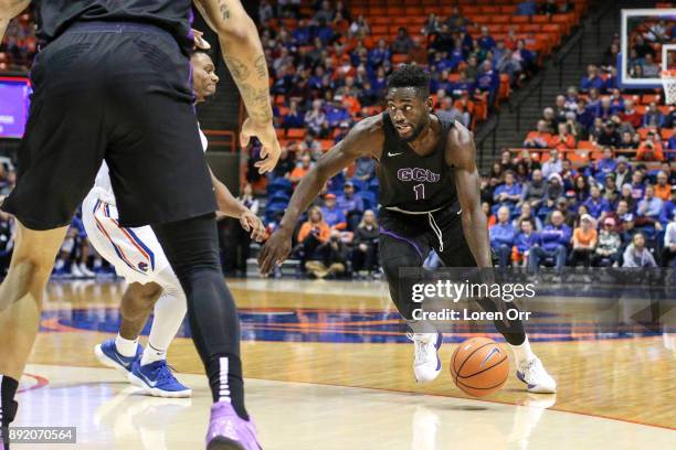 Guard Fiifi Aidoo of the Grand Canyon Lopes drives towards the basket during second half action against the Boise State Broncos on December 13, 2017...