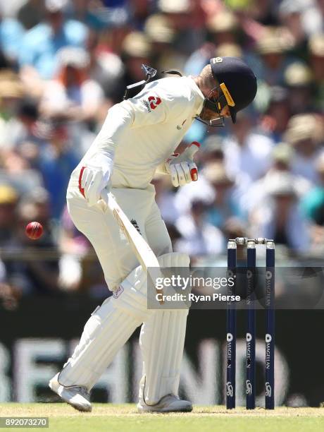 Mark Stoneman of England is struck on the helmet by a delivery from Josh Hazlewood of Australia during day one of the Third Test match of the 2017/18...