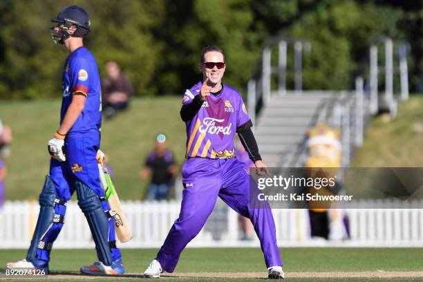 Todd Astle of Canterbury celebrates after dismissing Warren Barnes of Otago during the Supersmash Twenty20 match between Canterbury and Otago on...