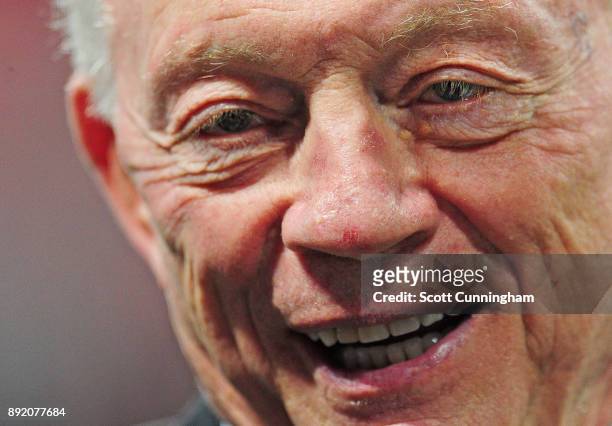 Owner Jerry Jones of the Dallas Cowboys watches warmups from the field against the Atlanta Falcons at Mercedes-Benz Stadium on November 12, 2017 in...