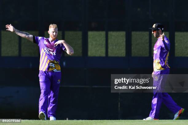 Ben Stokes and Andrew Ellis of Canterbury reacting during the Supersmash Twenty20 match between Canterbury and Otago on December 14, 2017 in...