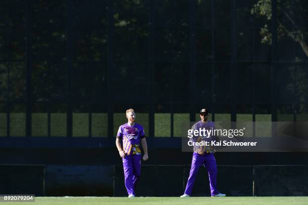 Ben Stokes and Andrew Ellis of Canterbury look on during the Supersmash Twenty20 match between Canterbury and Otago on December 14, 2017 in...