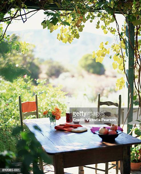 table and chairs in garden, wine and bread on table - wijn tuin stockfoto's en -beelden