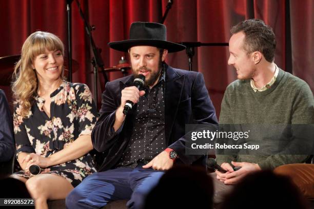 Liz Beebe, Zach Lupetin and James Klopfleisch of The Dustbowl Revival speak onstage at Spotlight: The Dustbowl Revival at The GRAMMY Museum on...