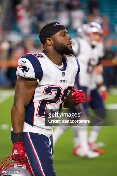 New England Patriots Running Back James White on the field before the start of the NFL football game between the New England Patriots and the Miami...