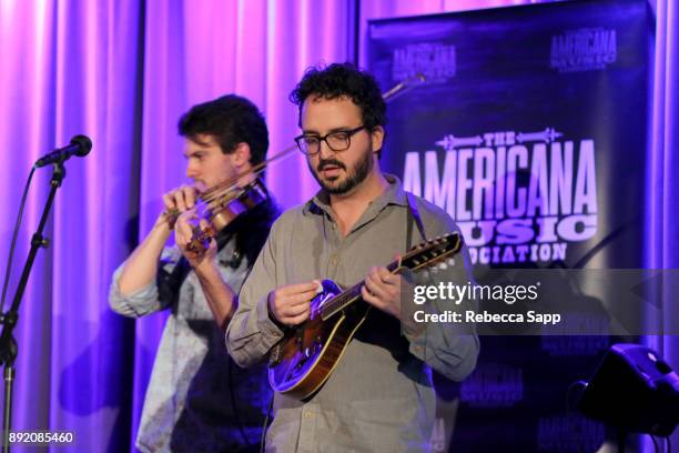 Connor Vance and Daniel Mark of The Dustbowl Revival perform at Spotlight: The Dustbowl Revival at The GRAMMY Museum on December 13, 2017 in Los...