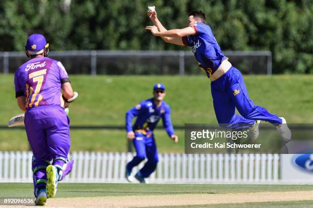 Jacob Duffy of Otago takes a catch to dismiss Nick Kwant of Canterbury during the Supersmash Twenty20 match between Canterbury and Otago on December...