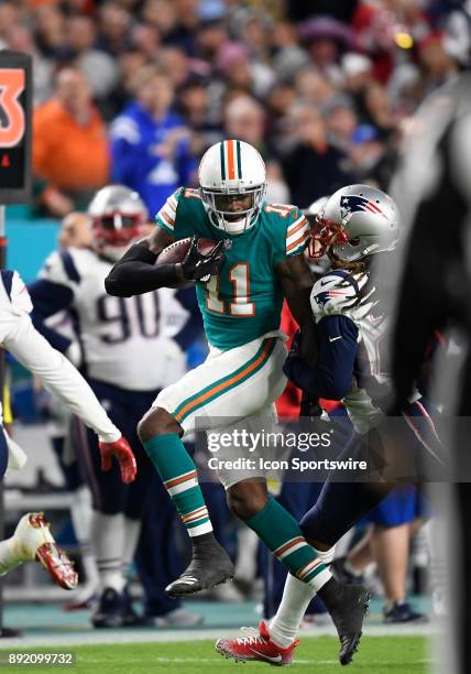 Miami Dolphins wide receiver DeVante Parker plays during an NFL football game between the New England Patriots and the Miami Dolphins on December 11,...