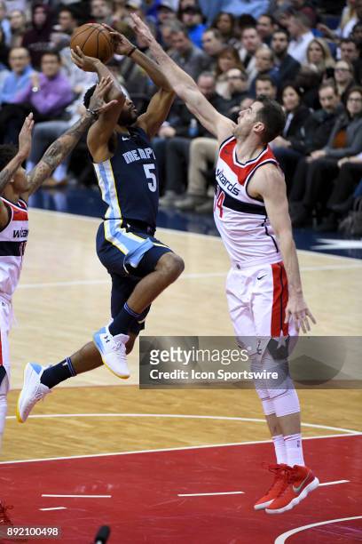 Washington Wizards forward Jason Smith blocks the shot Memphis Grizzlies guard Andrew Harrison in action on December 13, 2017 at the Capital One...