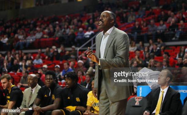 Kennesaw State head coach Al Skinner gives instructions to his team from the bench area during the Texas Tech Raider's 82-53 victory over the...