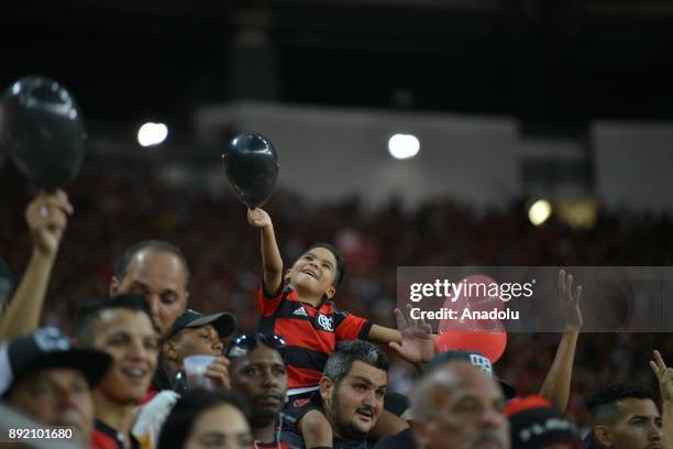 Fans of Flamengo support their team ahead of the 2017 Sudamericana Cup championship final match between Flamengo and Independiente at Maracana...