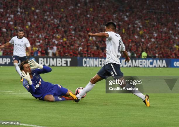 Flamengo goalkeeper Cesar in action against Diego Rodriguez of Independiente during the 2017 Sudamericana Cup championship final match between...