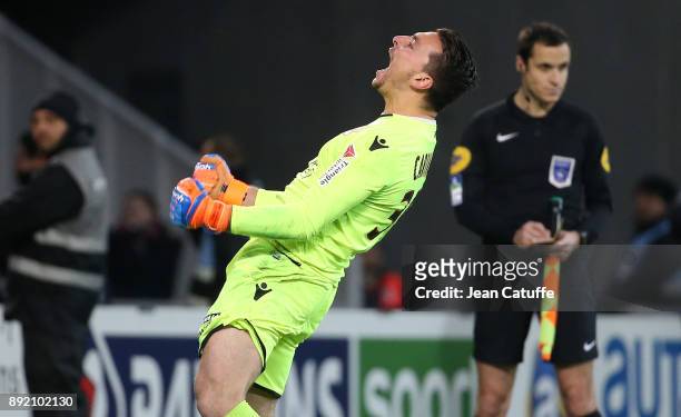Goalkeeper of OGC Nice Yoan Cardinale celebrates the victory following the penalty shootout during the French League Cup match between Lille OSC and...