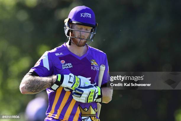 Ben Stokes of Canterbury looks dejected after being dismissed by Jacob Duffy of Otago for 97 runs during the Supersmash Twenty20 match between...