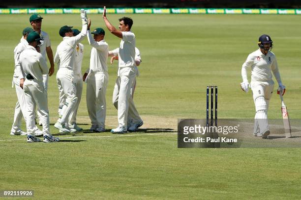 Mitchell Starc of Australia celebrates the wicket of Mark Stoneman of England during day one of the Third Test match of the 2017/18 Ashes Series...