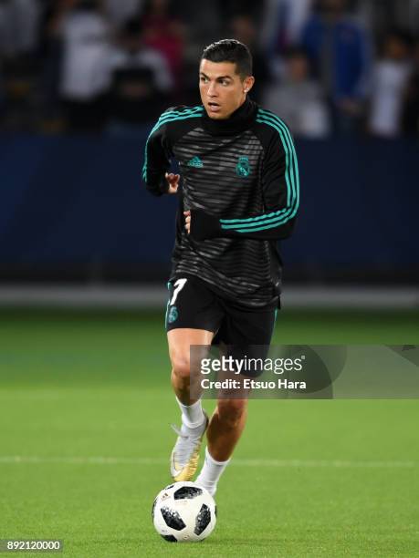 Cristiano Ronaldo of Real Madrid warms up prior to the FIFA Club World Cup UAE 2017 semi-final match between Al Jazira and Real Madrid on December...